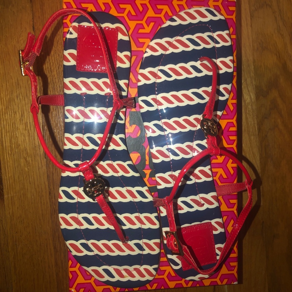 TORY BURCH RED + NAVY SANDALS